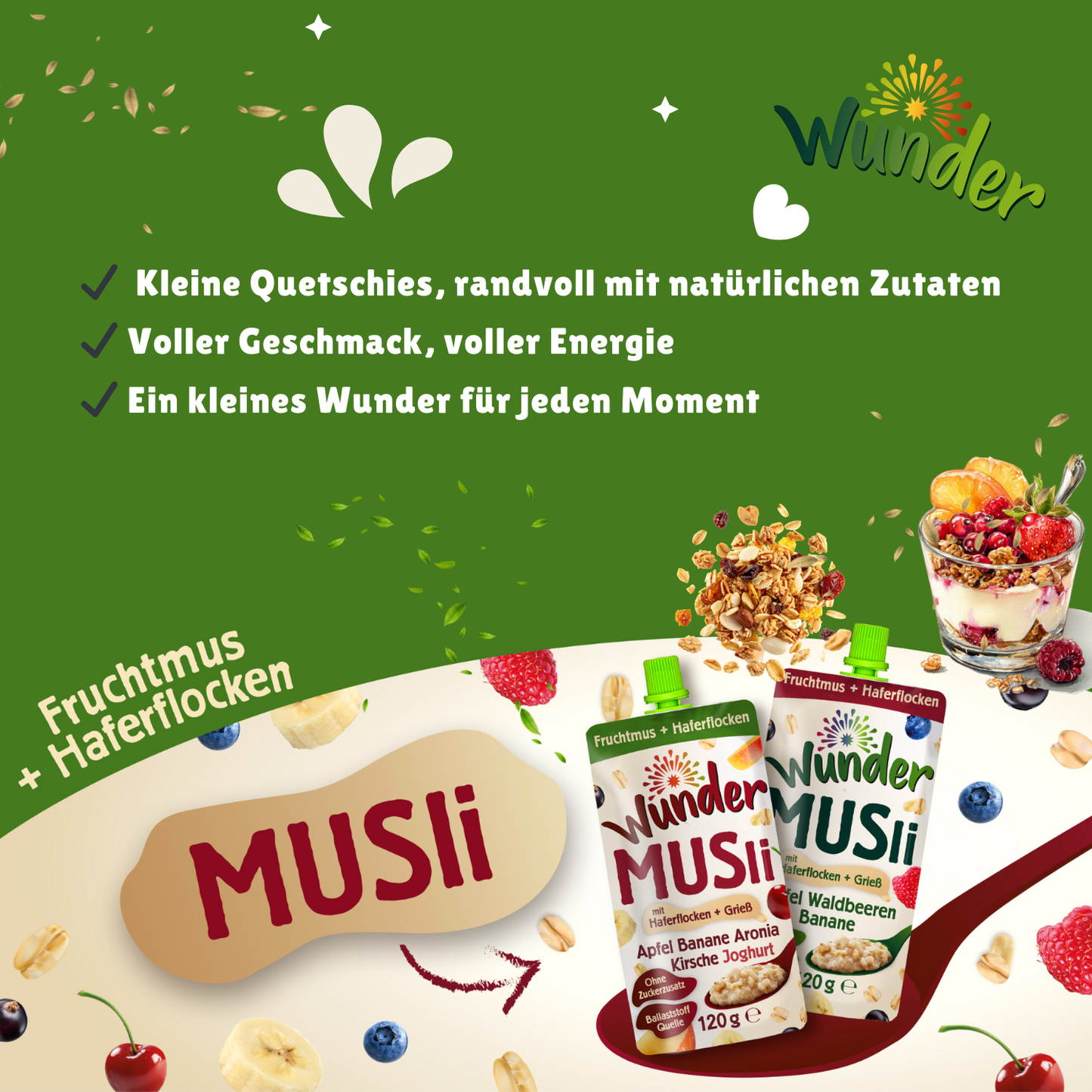 WUNDER Müsli Apfel-Banane-Aronia-Kirsche-Joghurt 12 x 120g Hafer und Reisbrei