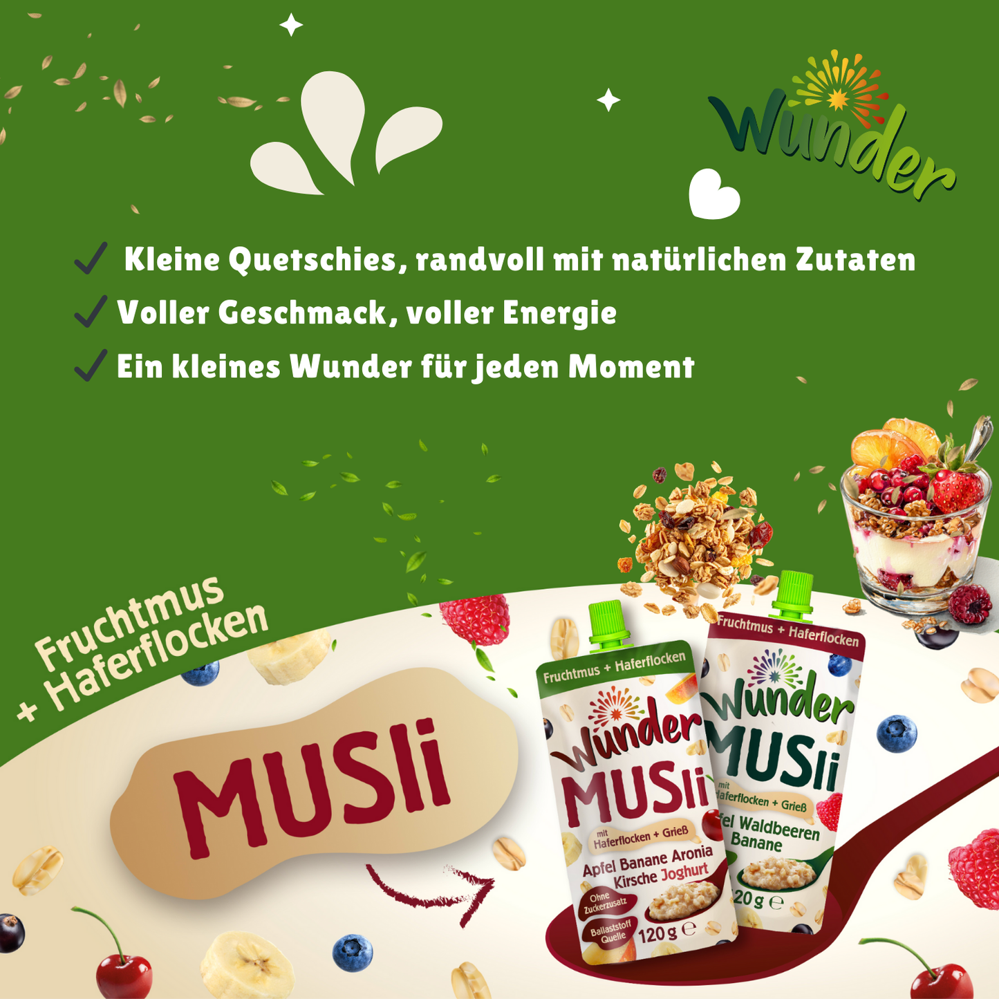 WUNDER Müsli Apfel-Banane-Waldbeere 12 x 120g mit Hafer und Grieß
