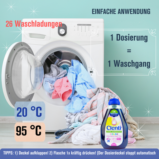 CLENTI Color Waschmittel Flüssig 10 x 625ml mit Dosierkappe - 260 Waschladungen