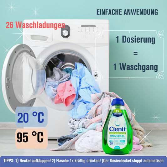 CLENTI Universal Waschmittel Flüssig 10 x 625ml mit Dosierkappe - 260 Waschladung Super-Konzentrat