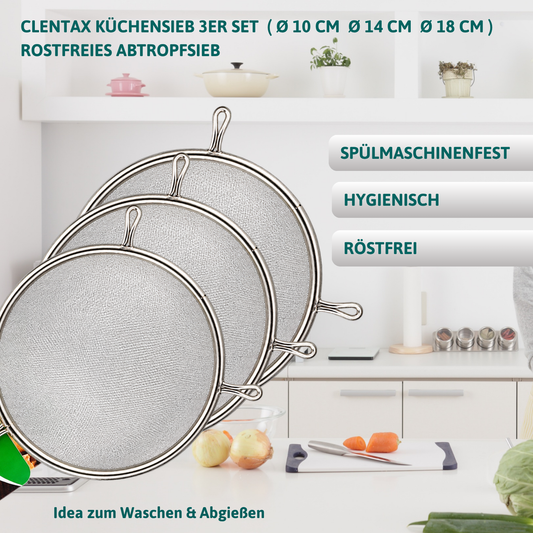 CLENTAX Küchensieb 3er Set ( Ø 10 cm Ø 14 cm Ø 18 cm ) rostfreies Abtropfsieb