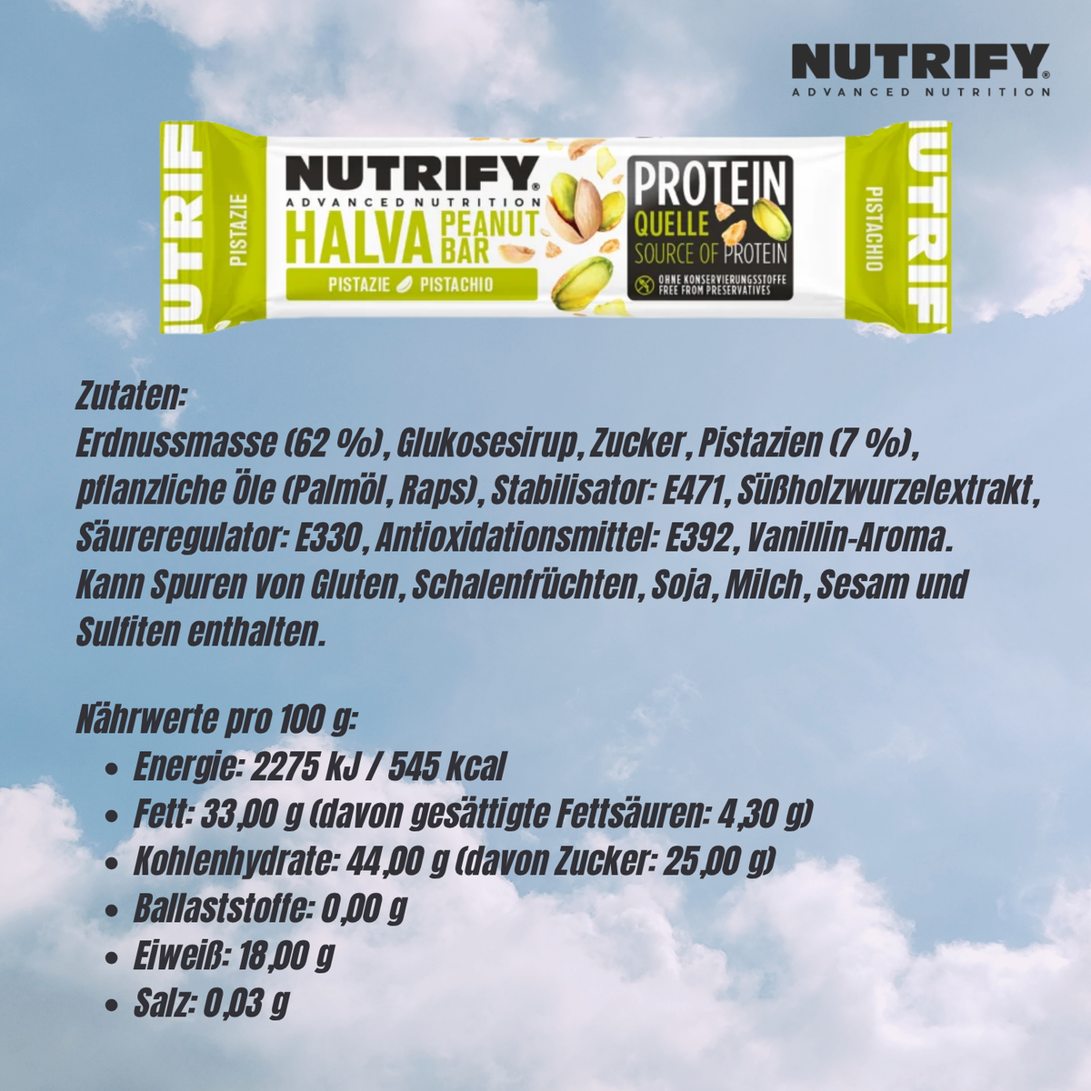 NUTRIFY Halva-Riegel mit Pistazie 8 x 60g Nuss Riegel für unterwegs