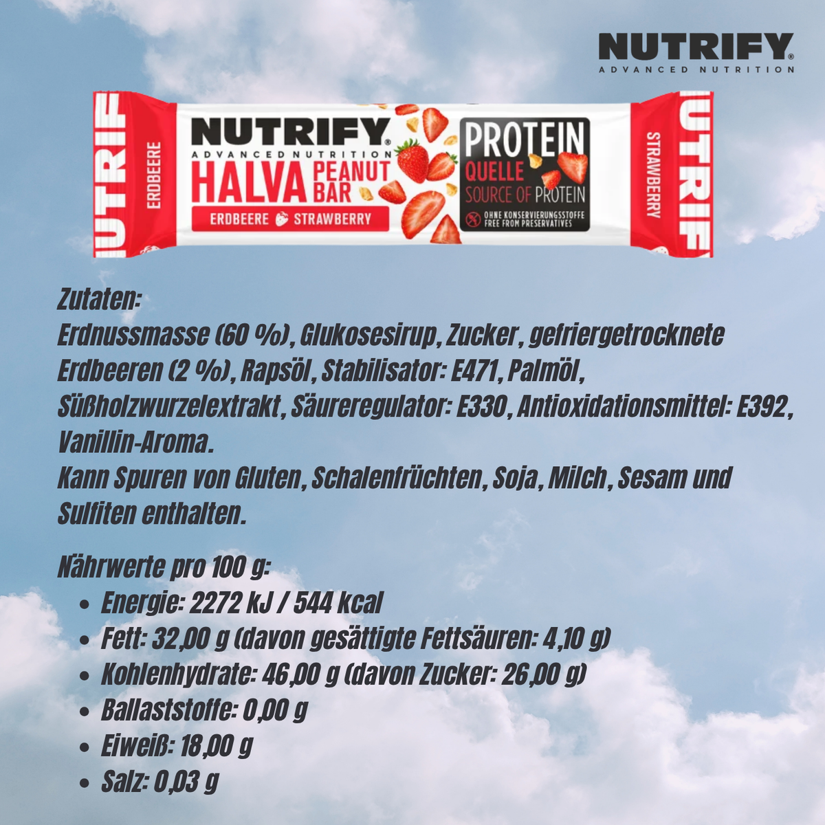 NUTRIFY Halva Riegel mit Erdbeere 8 x 60g Nuss Riegel für unterwegs