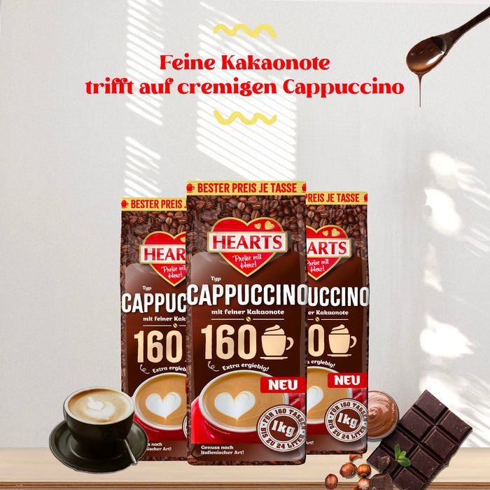 HEARTS Cappuccino mit feiner Kakaonote 8 x 1kg - Extra Ergiebig - ca. 160 Tassen/Beutel - Milchig & Cremig, Vorteilspack - Familienpackung