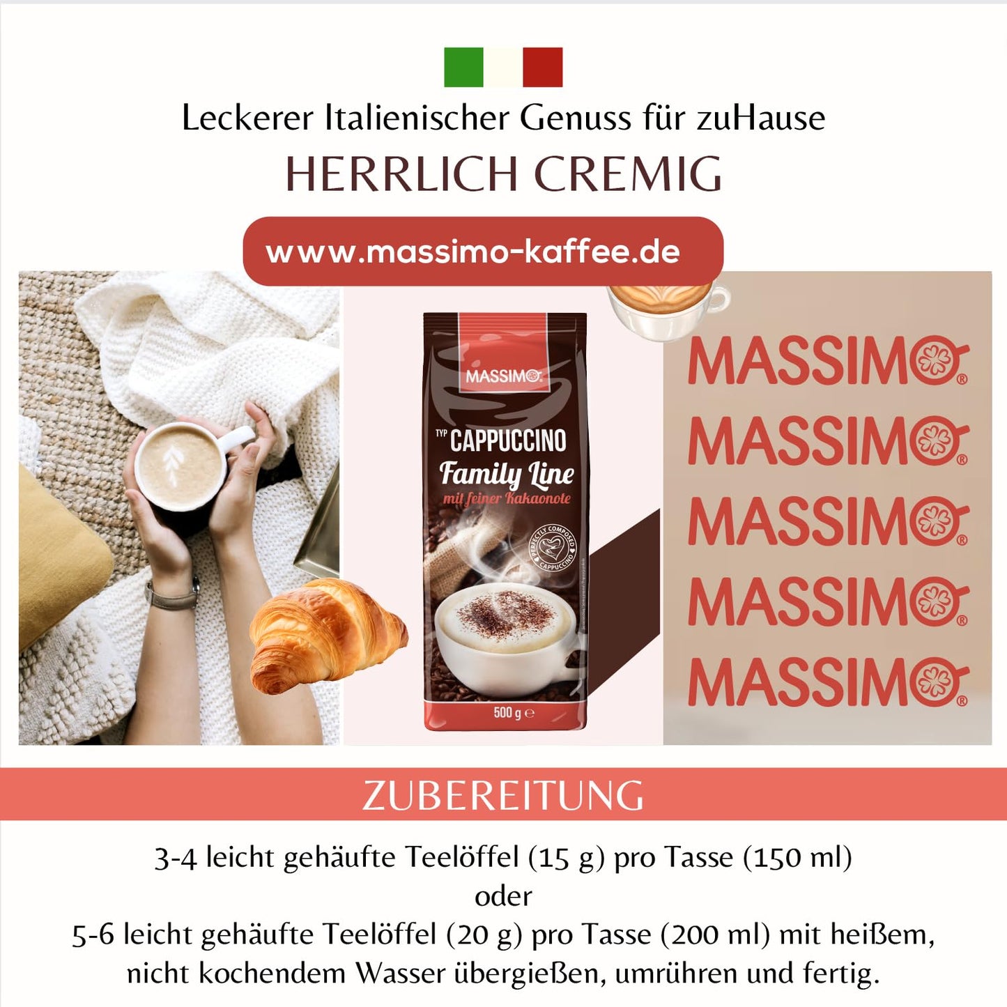 MASSIMO Cappuccino Family Line mit feiner Kakaonote 10 x 500g