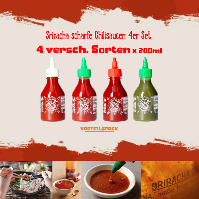 A-One Sriracha Sauce 4 x 200ml - 4 Geschmacksrichtungen - Klassik Scharf, Super Hot, Knoblauch, Grün