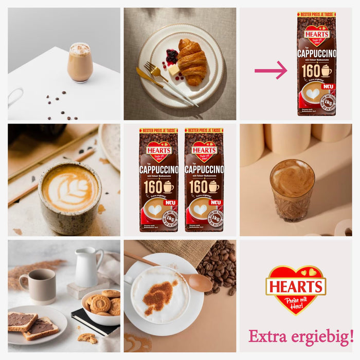 HEARTS Cappuccino mit feiner Kakaonote 8 x 1kg - Extra Ergiebig - ca. 160 Tassen/Beutel - Milchig & Cremig, Vorteilspack - Familienpackung