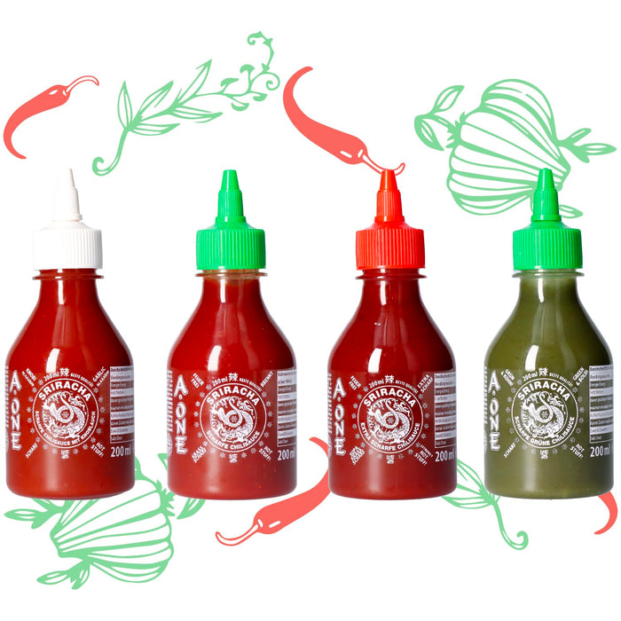 A-One Sriracha Sauce 4 x 200ml - 4 Geschmacksrichtungen - Klassik Scharf, Super Hot, Knoblauch, Grün
