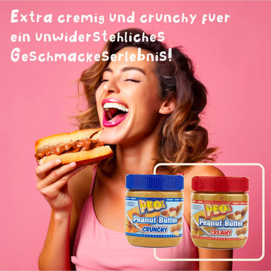 PEO's 2 x 340g Erdnussbutter Crunchy & Cremig je 1 Stück - Natürliche Peanut Butter - Fein geröstet Extra Smooth