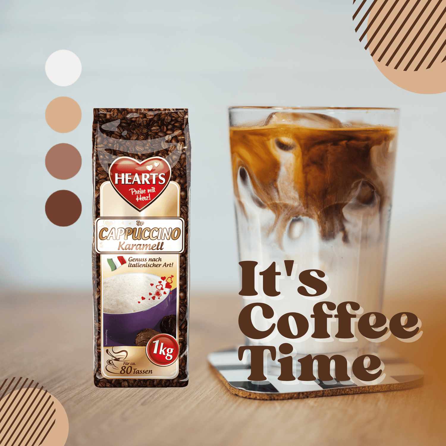 Its coffe time werbebild für hearts cappuccino karamell mit leckerem inhalt für jede gelegenheit reicht für 80 tassen