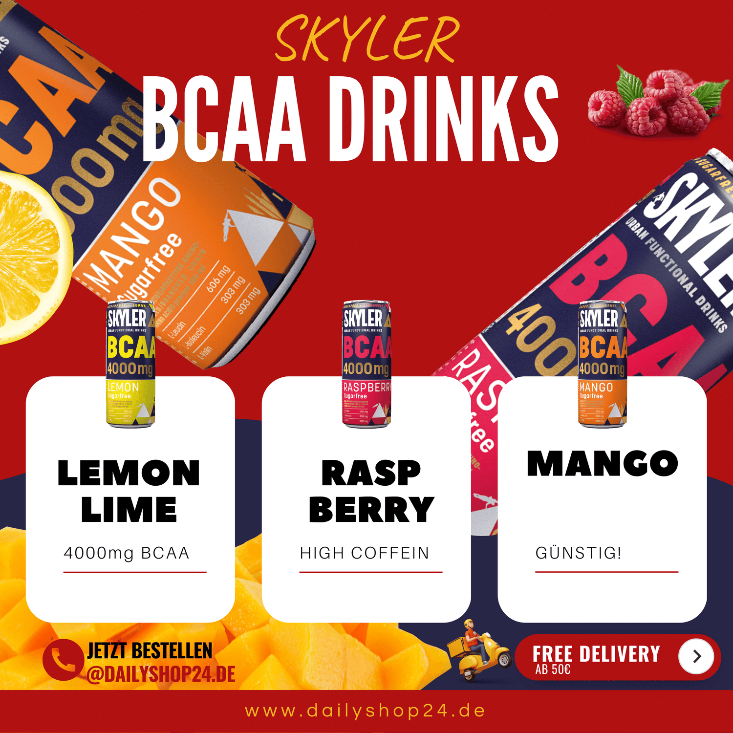 Skyler BCAA Drink in drei Sorten Mango, Himbeere und Lemon mit produktinformatione vor rotem Hintergrund mit vielen Aminosäuren und erhöhtem Koffein jetzt kaufen auf Dailyshop24.de!