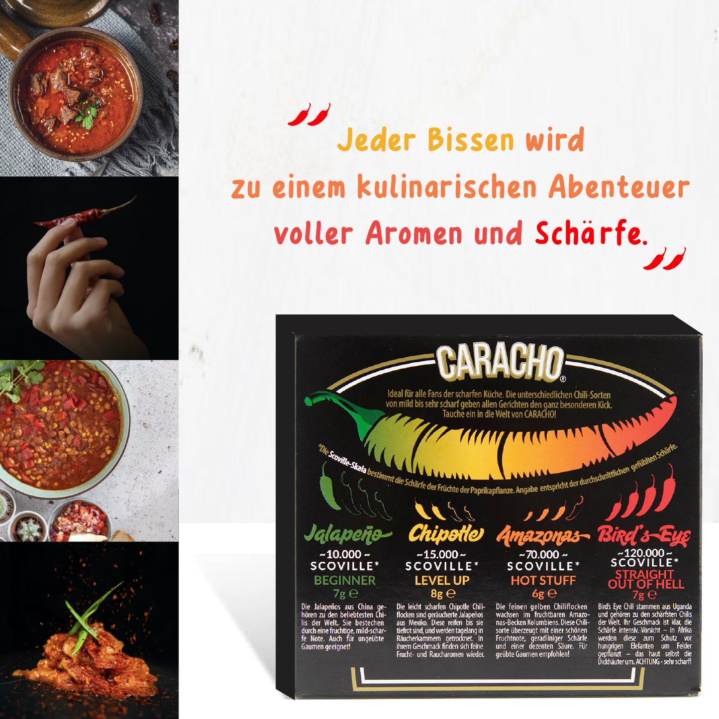 CARACHO Chili Mühlen Set, 4 Mini Mühlen im Geschenkset