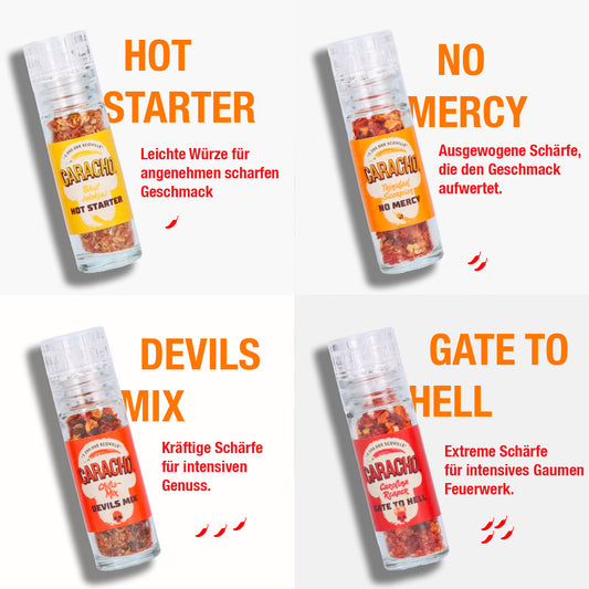 CARACHO Chili Mühlen Super Hot Set, 4 Mini Mühlen im Geschenkset