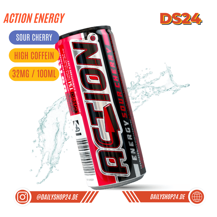 dailyshop24 produktbild action energy drink sour cherry sauerkirschgeschmack mit erhöhtem koffeingehalt für sportliche leistungsfähigkeit