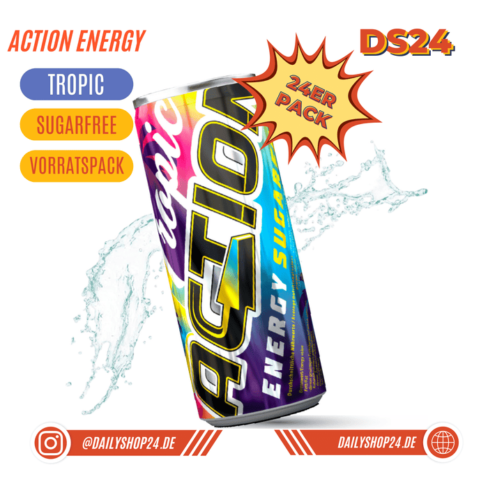 action energy dirnk tropi sugarfree zuckerfreier energy drink mit erhöhtem koffeingehalt für sportler gamer zocker mit tropischen geschmack nach leckeren früchten in bunter dose