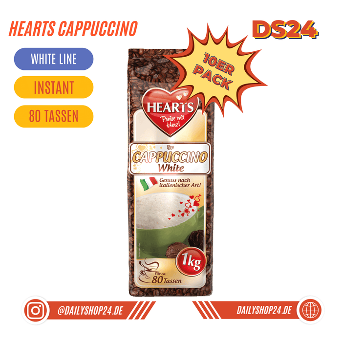 dailyshop24 hearts cappuccino white mit vanillegeschmack cappuccinopulver instant gesüst und extrem lecker und cremig