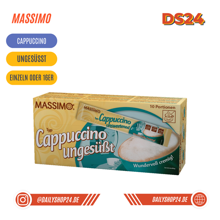 dailyshop24 massimo cappuccino ungesüsst instant capuccino cremig und lecker produktbild von packung mit moodbild von cremigem morgenkaffee