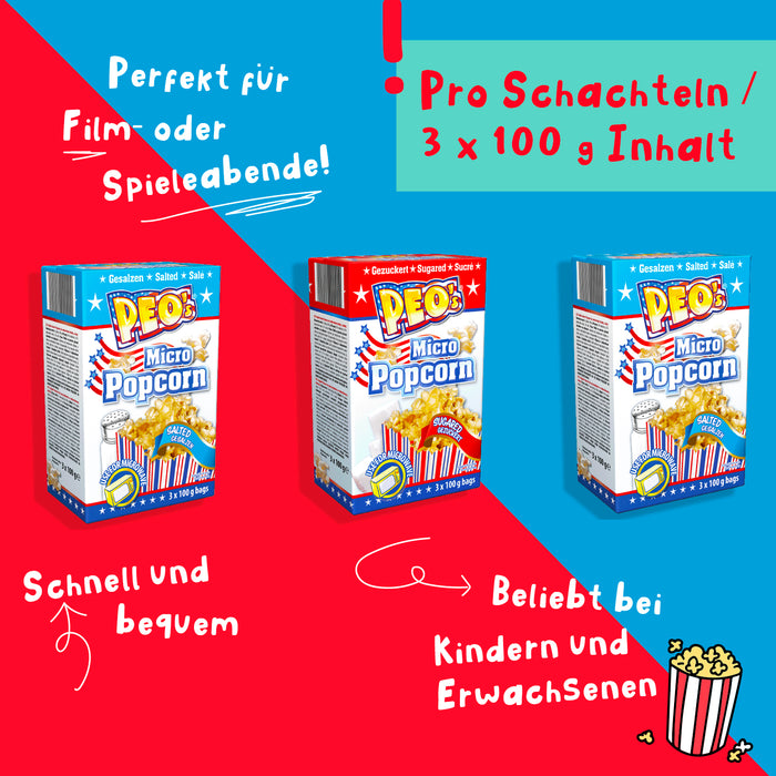 PEO'S Mikrowelle Popcorn 24 Schachteln mit 3 x 100g Süß Salzig - Für Kinoabend