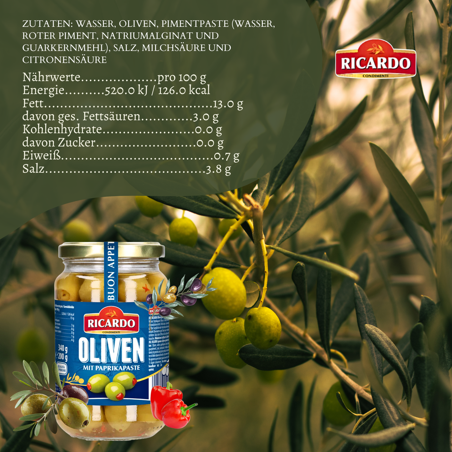 RICARDO Oliven grün mit Paprika gefüllt 340g
