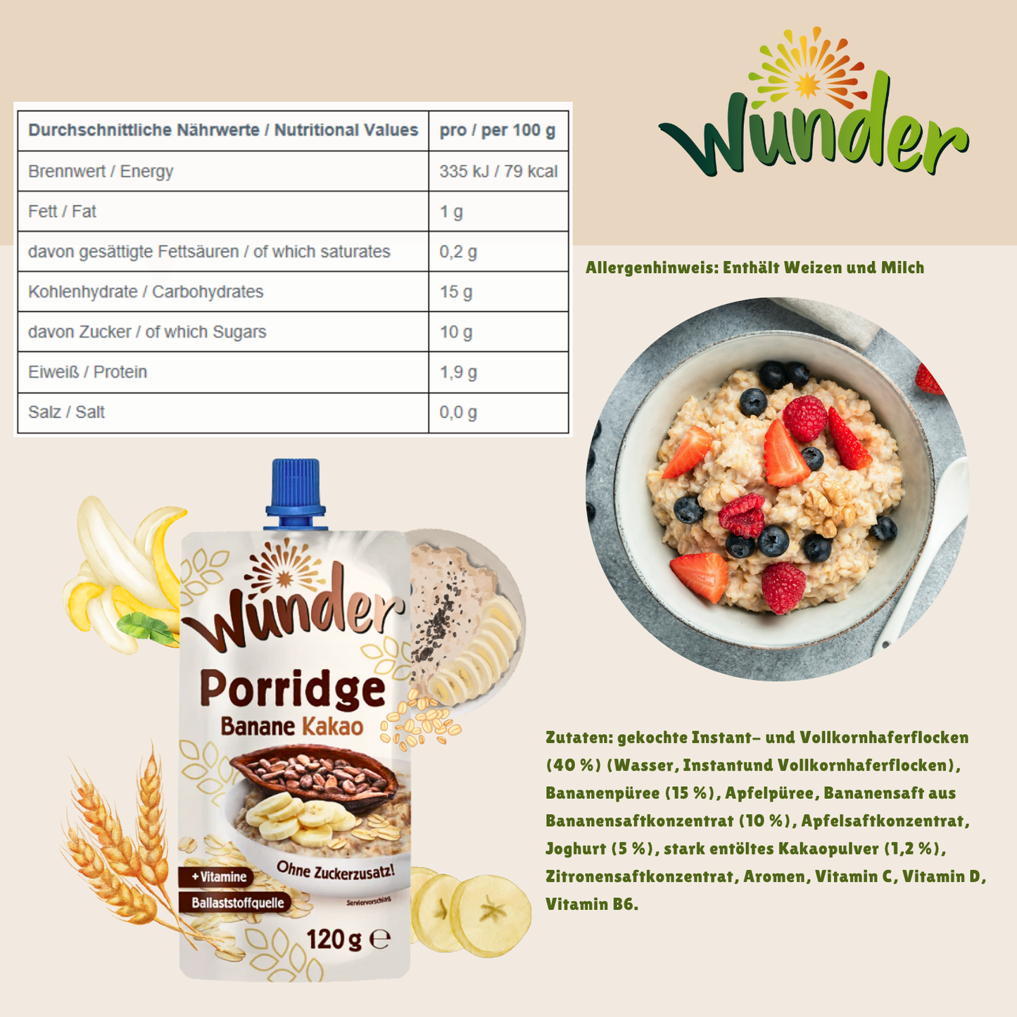 WUNDER Quetschie Banane Kakao 120g mit Haferflocken Ballaststoffquelle Vitamine