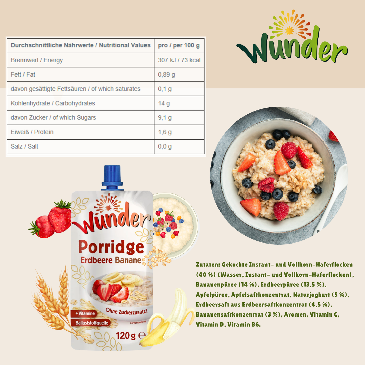 WUNDER Quetschie Erdbeere Banane 120g mit Haferflocken Ballaststoffquelle Vitamine