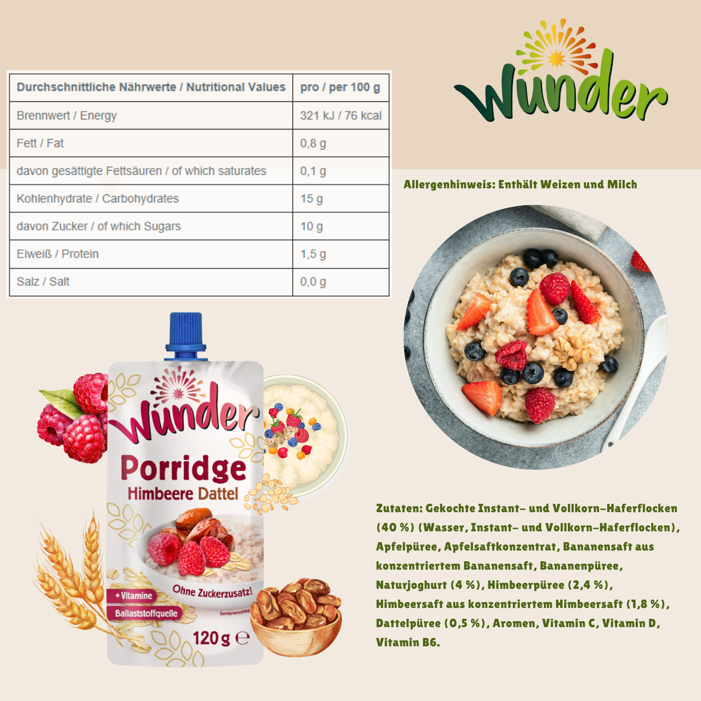 WUNDER Quetschie Himbeere Dattel 120g mit Haferflocken Ballaststoffquelle Vitamine