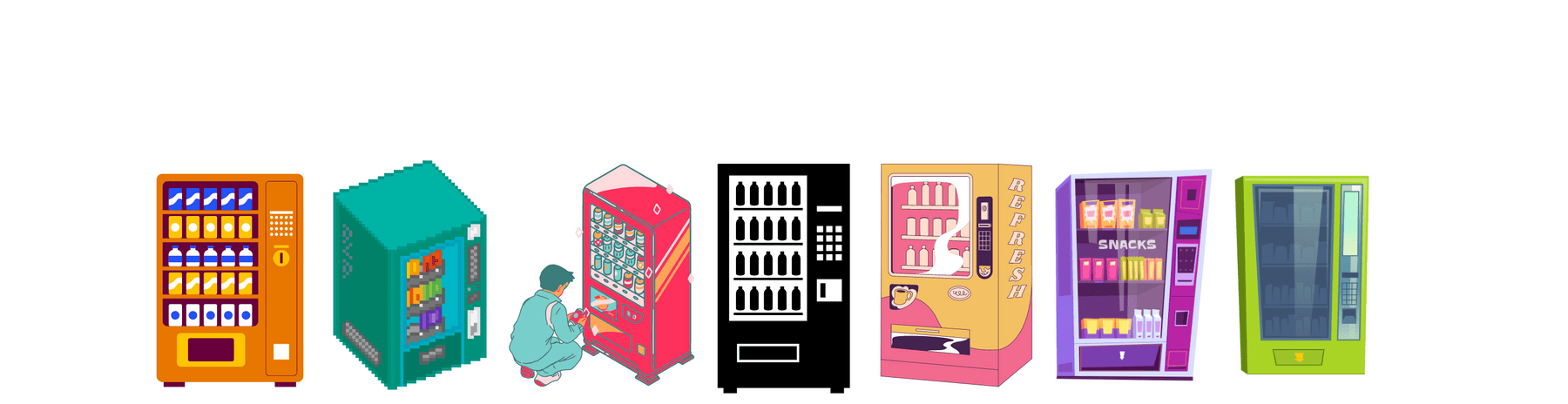 viele bunte Vendingautomaten in animiertem Design