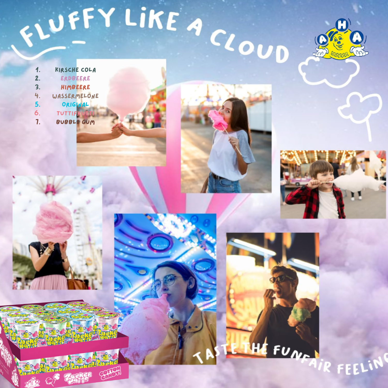 AHA Zuckerwatte 7 Sorten 24 x 20g Becher