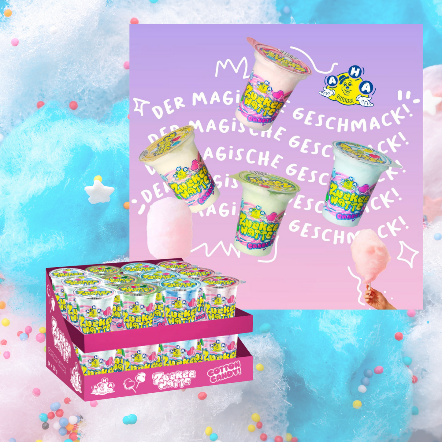 AHA Zuckerwatte 7 Sorten 24 x 20g Becher