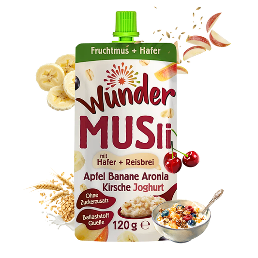 WUNDER Müsli Apfel-Banane-Aronia-Kirsche-Joghurt 12 x 120g Hafer und Reisbrei