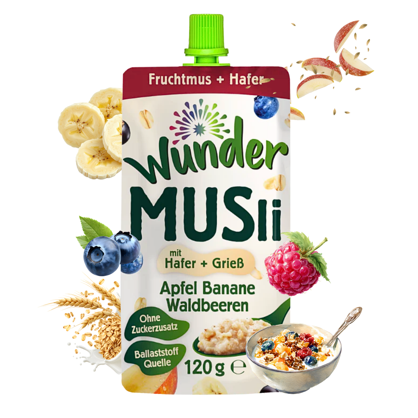 WUNDER Müsli Apfel-Banane-Waldbeere 120g mit Hafer und Grieß