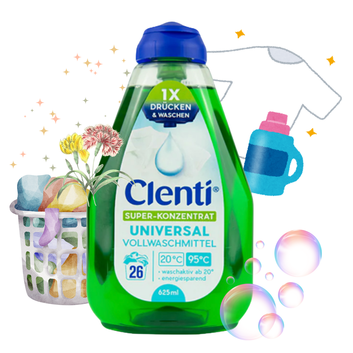 CLENTI Universal Waschmittel Flüssig 10 x 625ml mit Dosierkappe