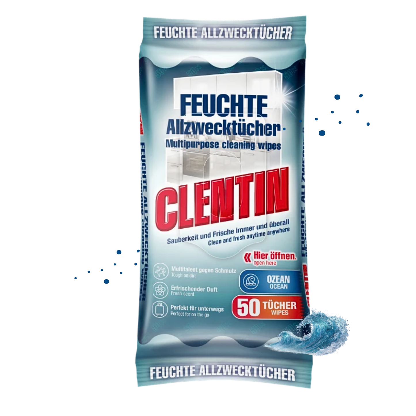 CLENTIN Feuchte Allzwecktücher, 5 x 50 St Ozean, Streifenfrei, Fettlösend