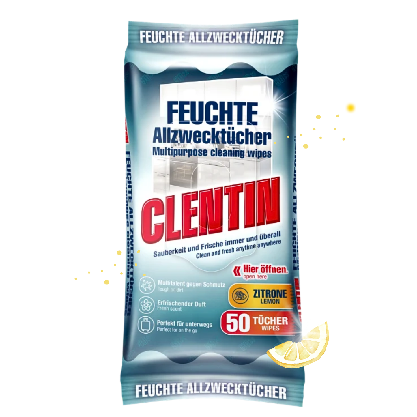 CLENTIN Feuchte Allzwecktücher, 20 x 50 St Zitrone, Streifenfrei, Fettlösend