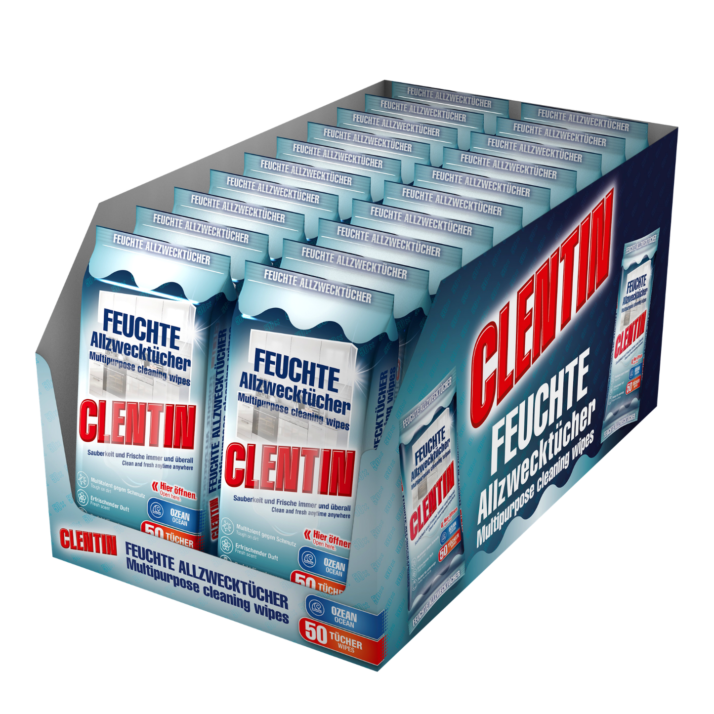 CLENTIN Feuchte Allzwecktücher, 20 x 50 St Ozean, Streifenfrei, Fettlösend