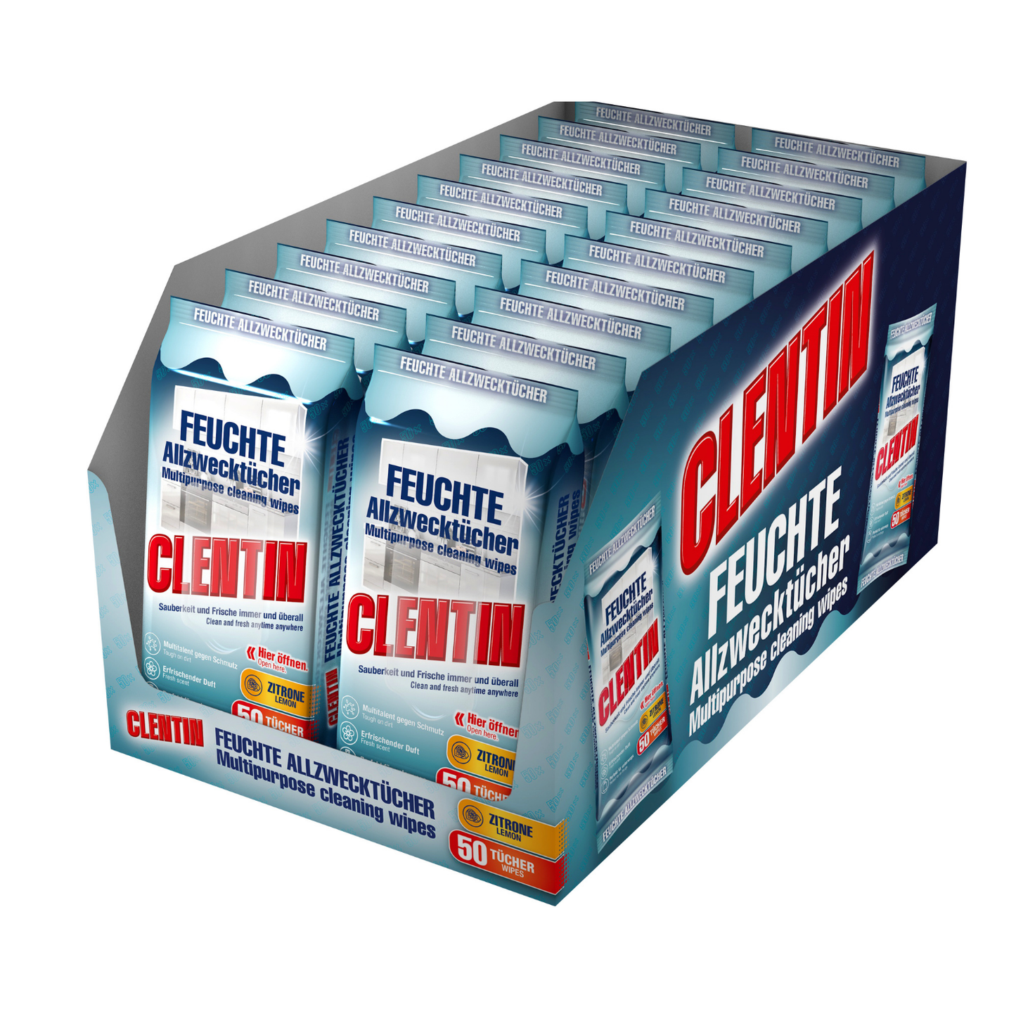 CLENTIN Feuchte Allzwecktücher, 20 x 50 St Zitrone, Streifenfrei, Fettlösend