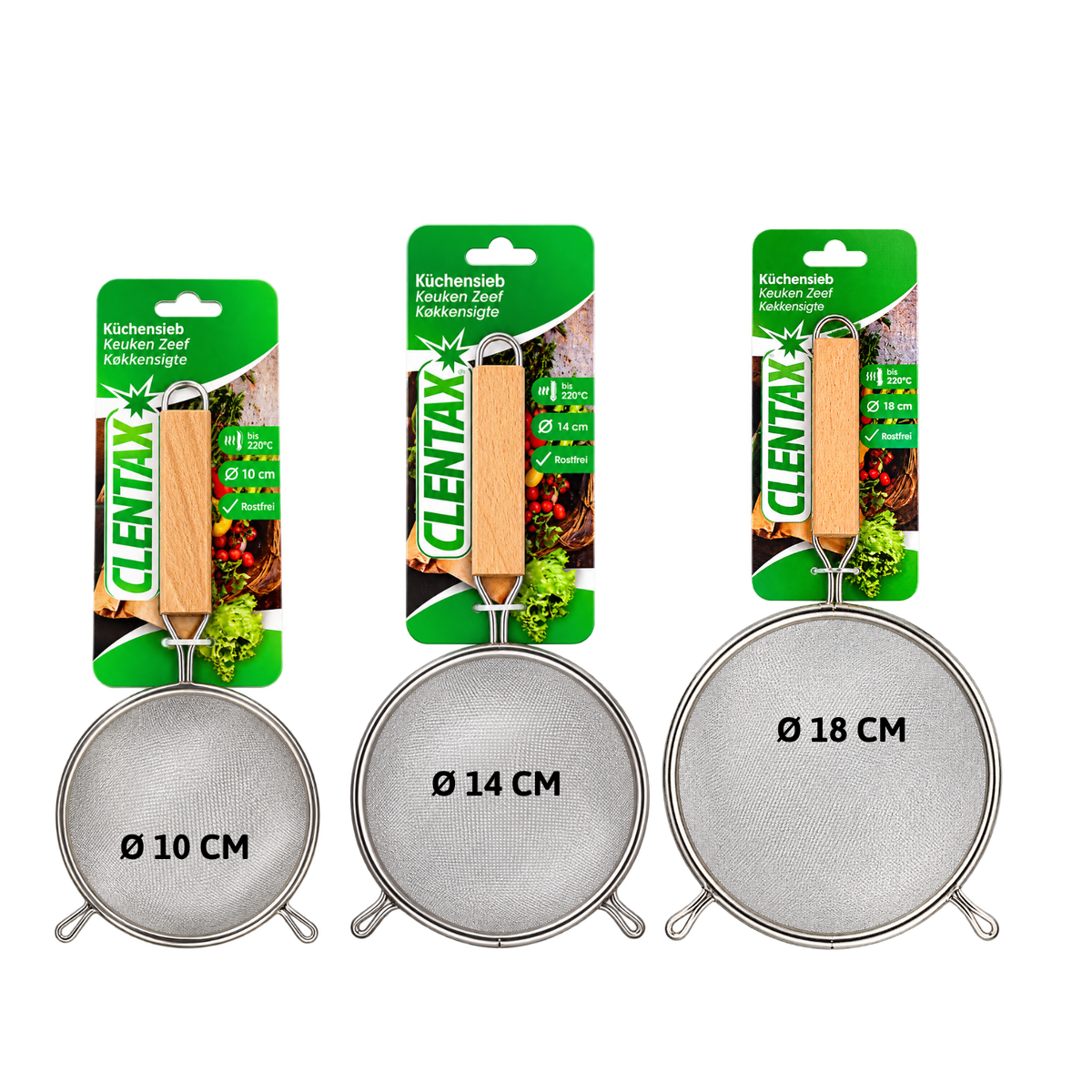 CLENTAX Küchensieb 3er Set ( Ø 10 cm Ø 14 cm Ø 18 cm ) rostfreies Abtropfsieb