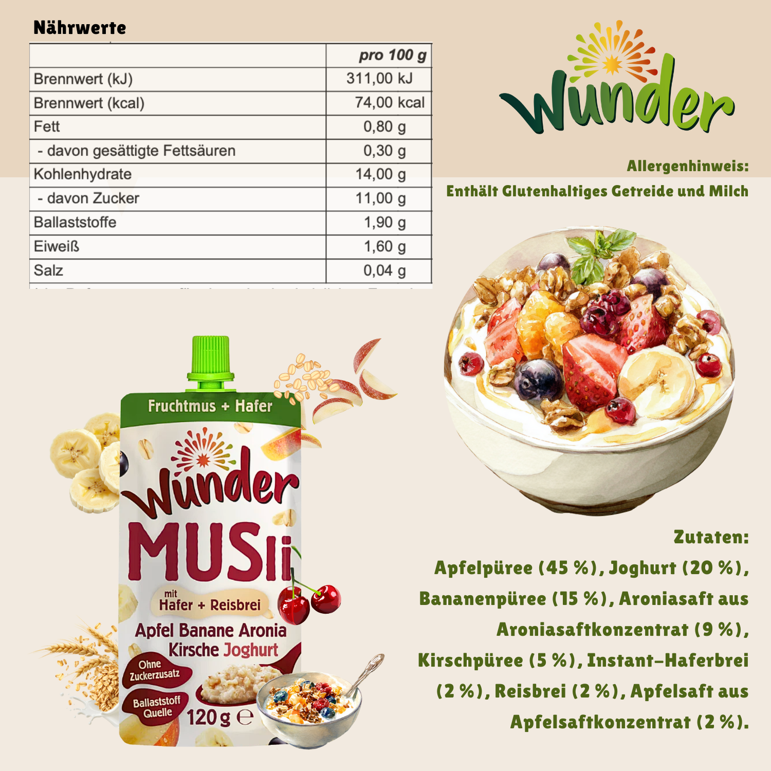 WUNDER Müsli Apfel-Banane-Aronia-Kirsche-Joghurt 120g Hafer und Reisbrei