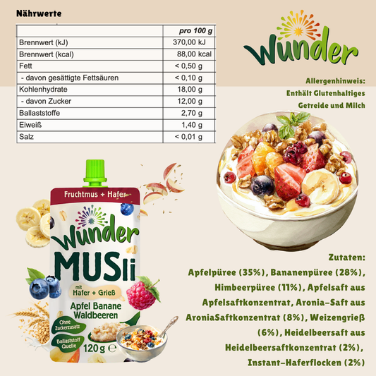 WUNDER Müsli Apfel-Banane-Waldbeere 12 x 120g mit Hafer und Grieß