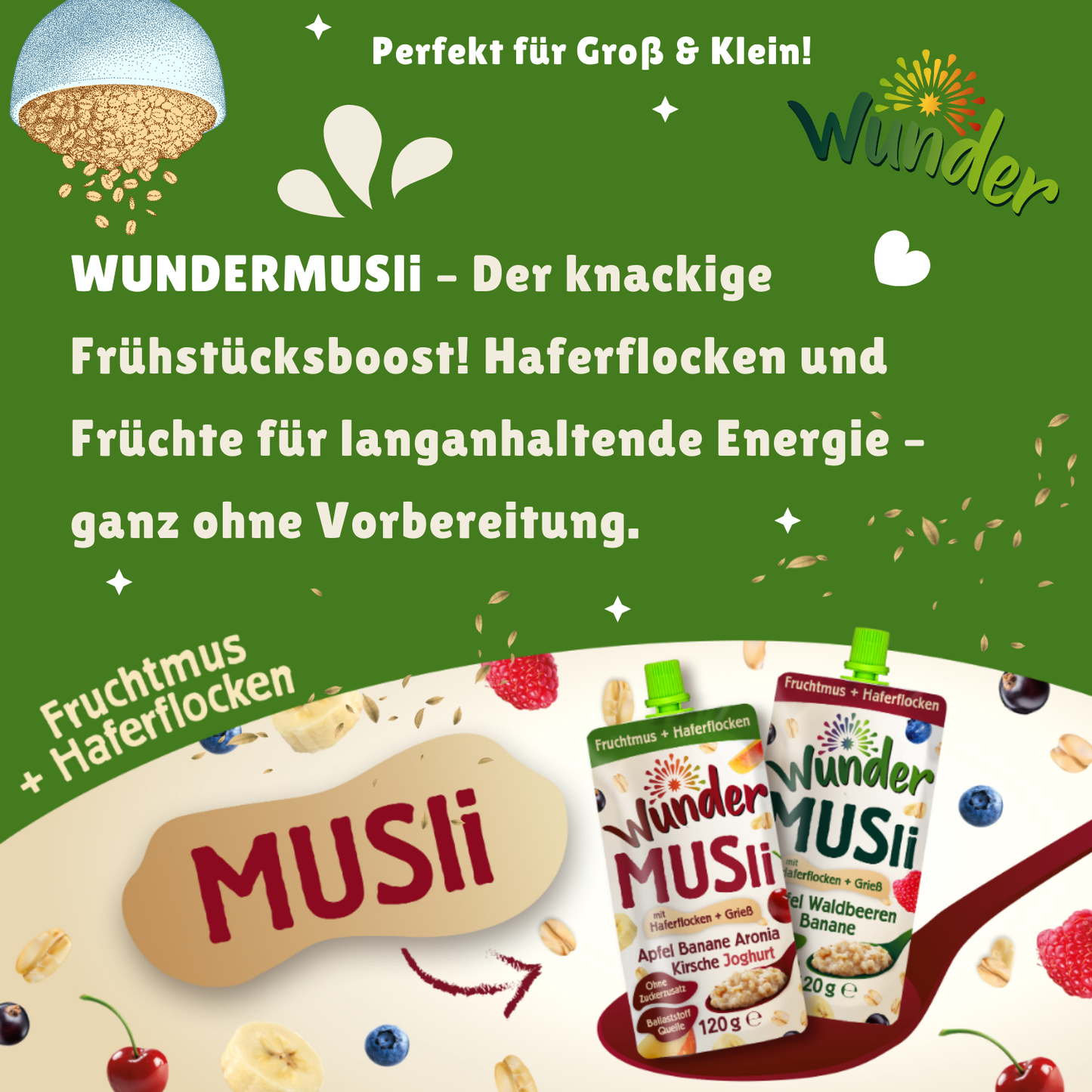 WUNDER Müsli Apfel-Banane-Aronia-Kirsche-Joghurt 120g Hafer und Reisbrei