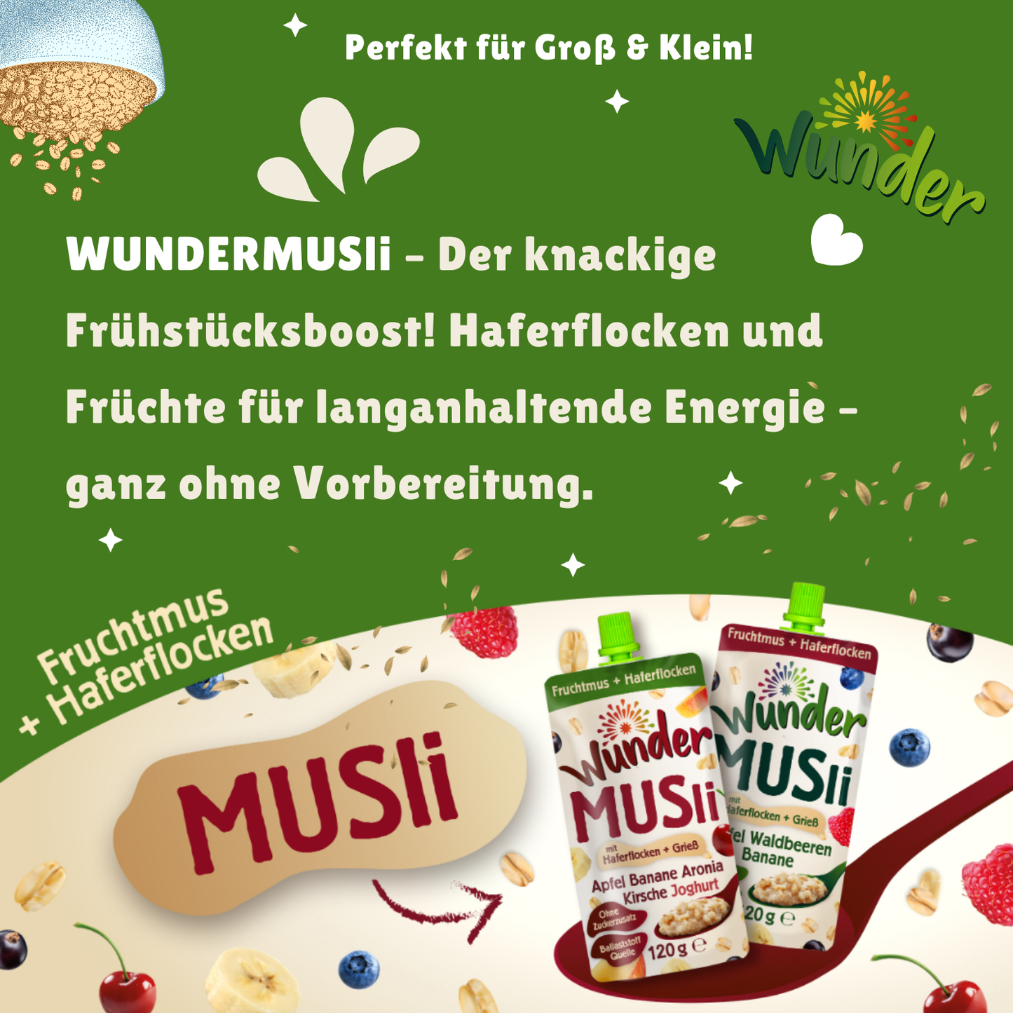 WUNDER Müsli Apfel-Banane-Waldbeere 12 x 120g mit Hafer und Grieß