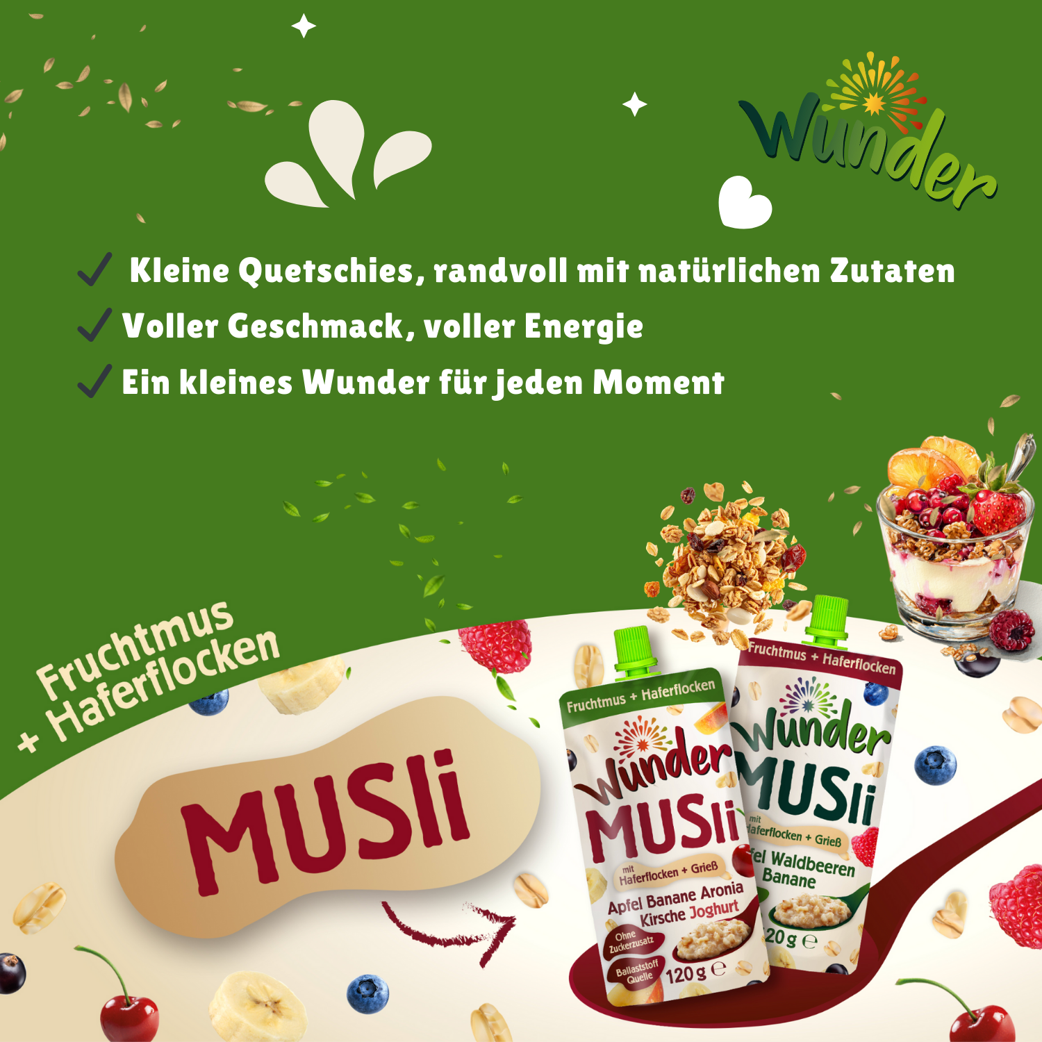 WUNDER Müsli Apfel-Banane-Aronia-Kirsche-Joghurt 120g Hafer und Reisbrei