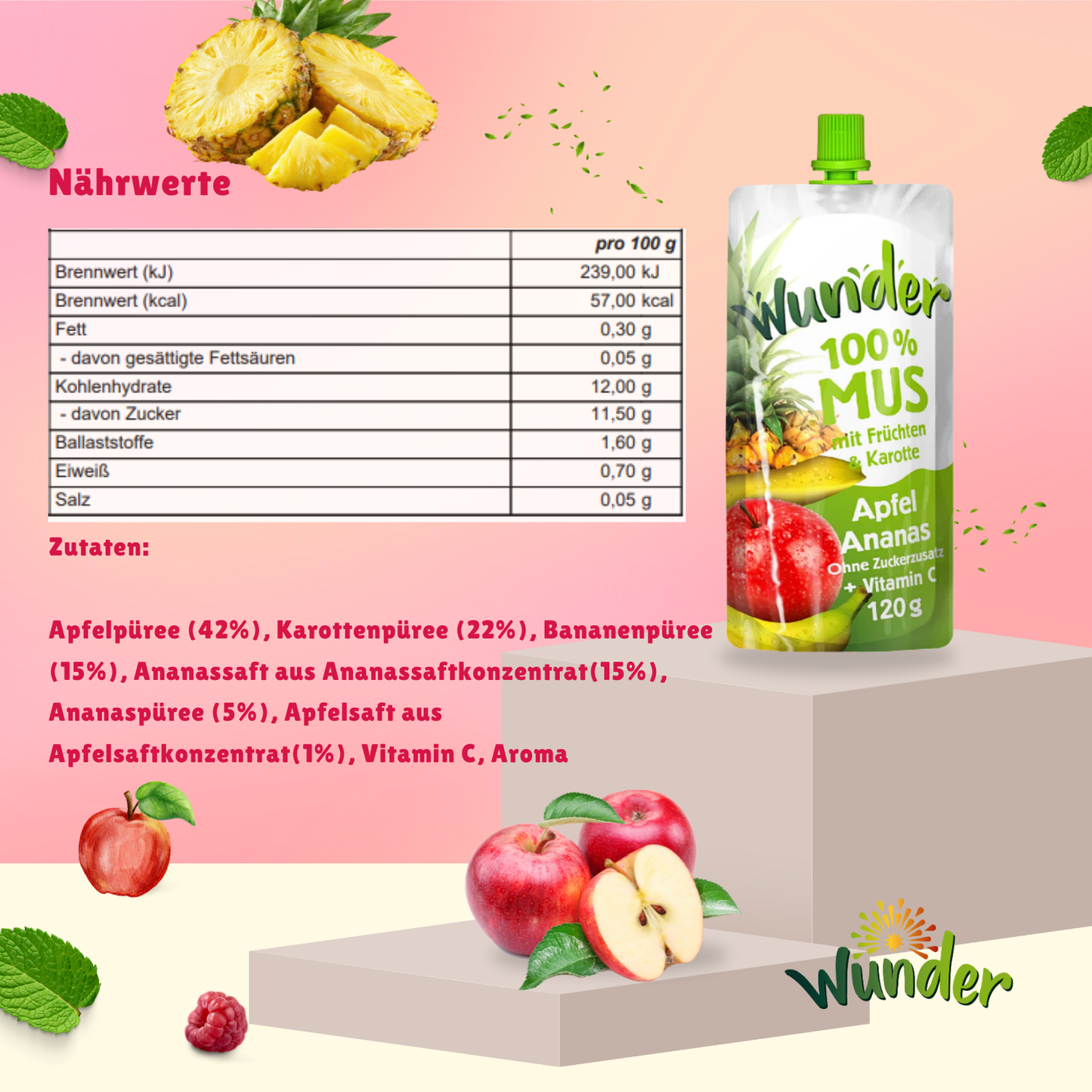 WUNDER Quetschie Mus 12 x 120g Apfel-Ananas