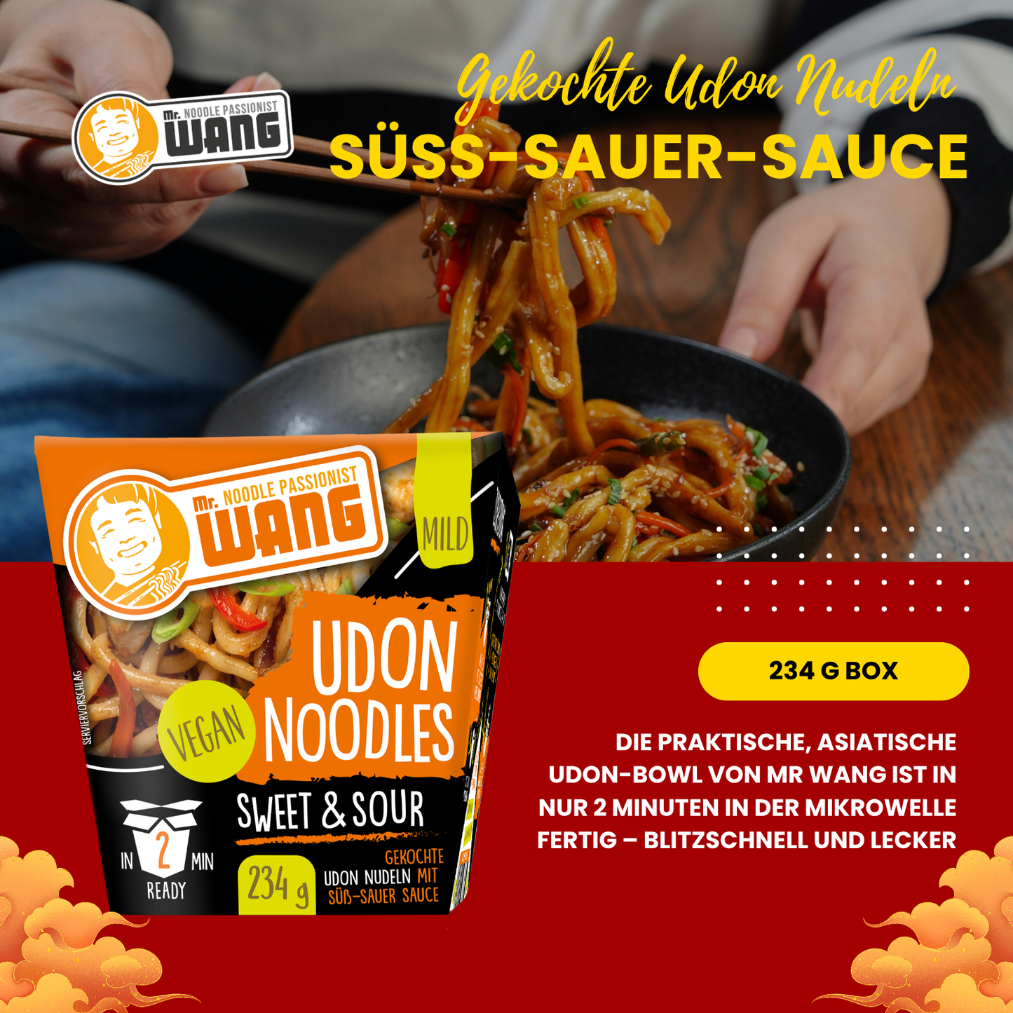 MR WANG Udon-Nudel-Bowl mit Süss Sauer Sauce 4 x 234g Box