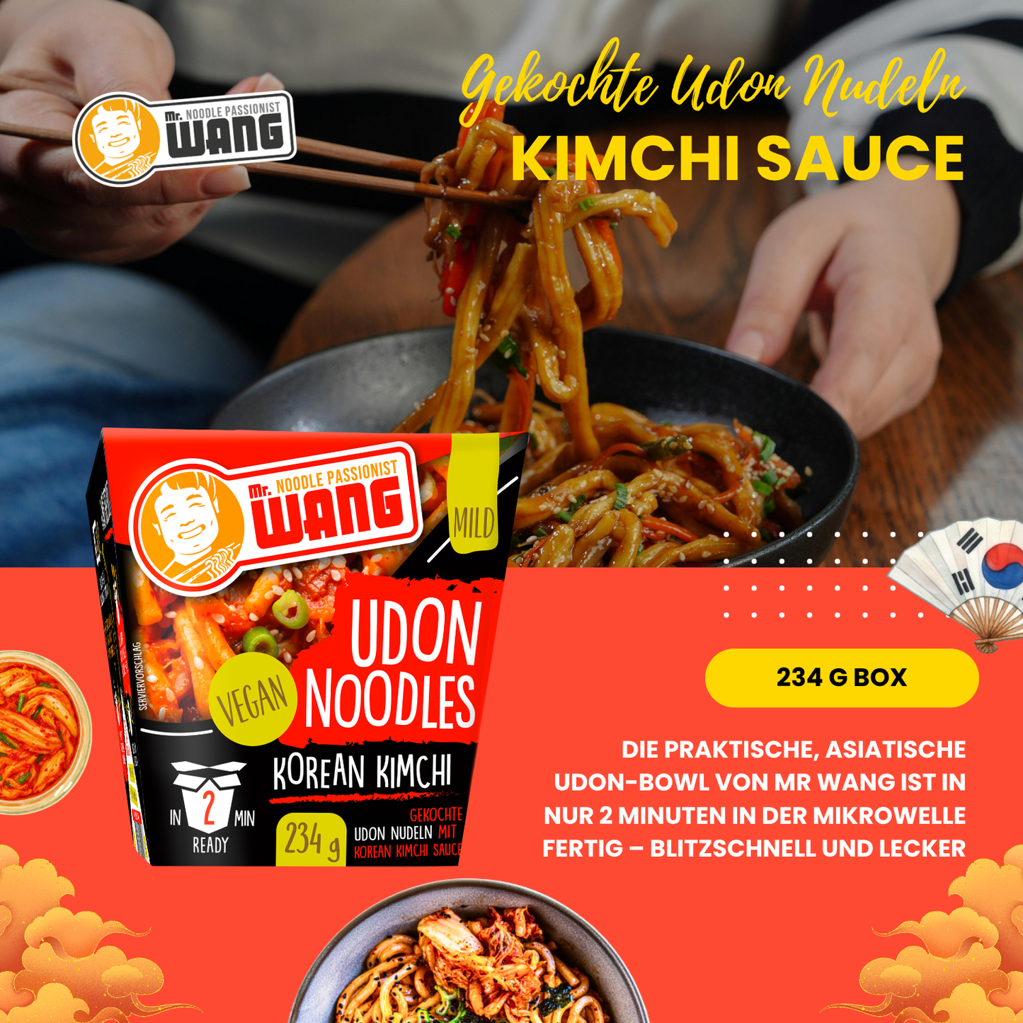 MR WANG Udon-Nudel-Bowl mit Korean Kimchi Sauce 4 x 234g Box
