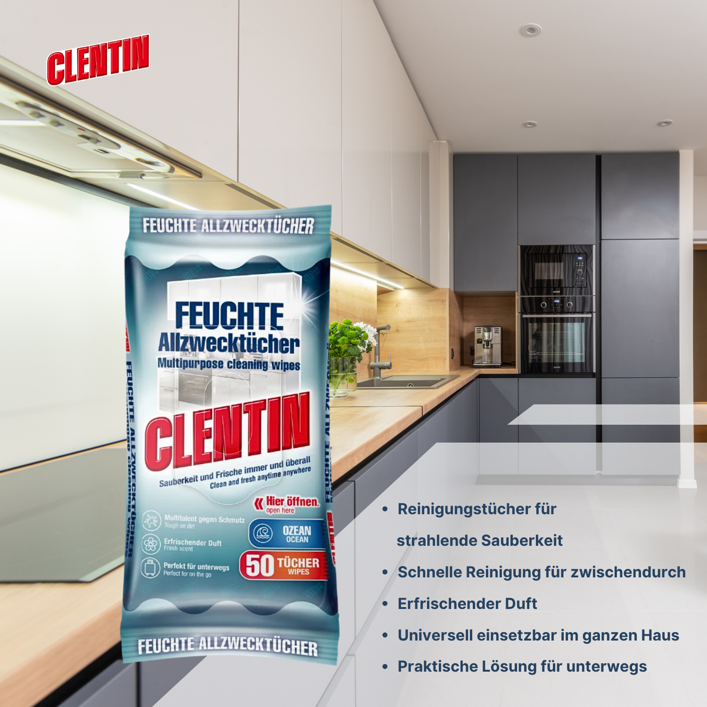 CLENTIN Feuchte Allzwecktücher, 5 x 50 St Ozean, Streifenfrei, Fettlösend