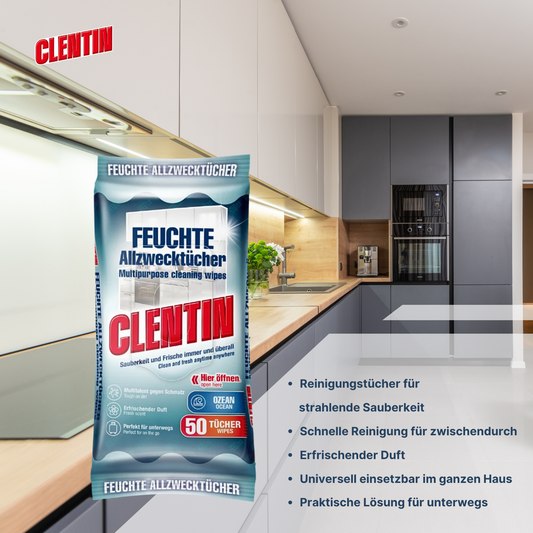 CLENTIN Feuchte Allzwecktücher, 50 St Ozean, Streifenfrei, Fettlösend