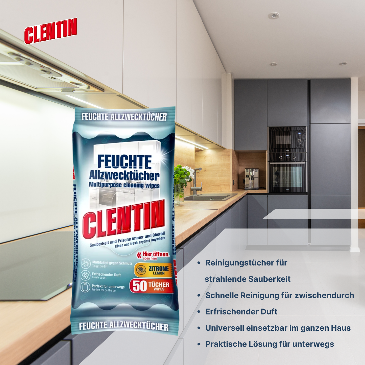 CLENTIN Feuchte Allzwecktücher, 20 x 50 St Zitrone, Streifenfrei, Fettlösend