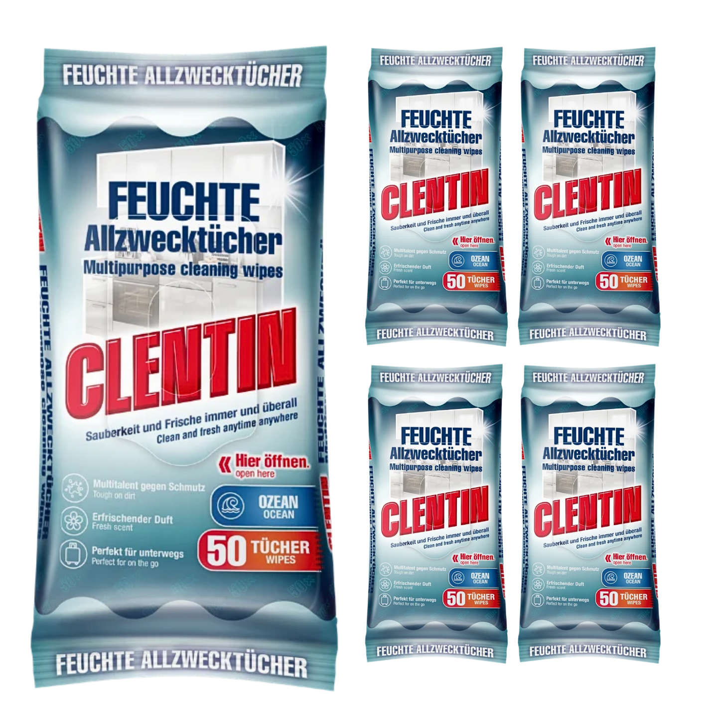 CLENTIN Feuchte Allzwecktücher, 5 x 50 St Ozean, Streifenfrei, Fettlösend