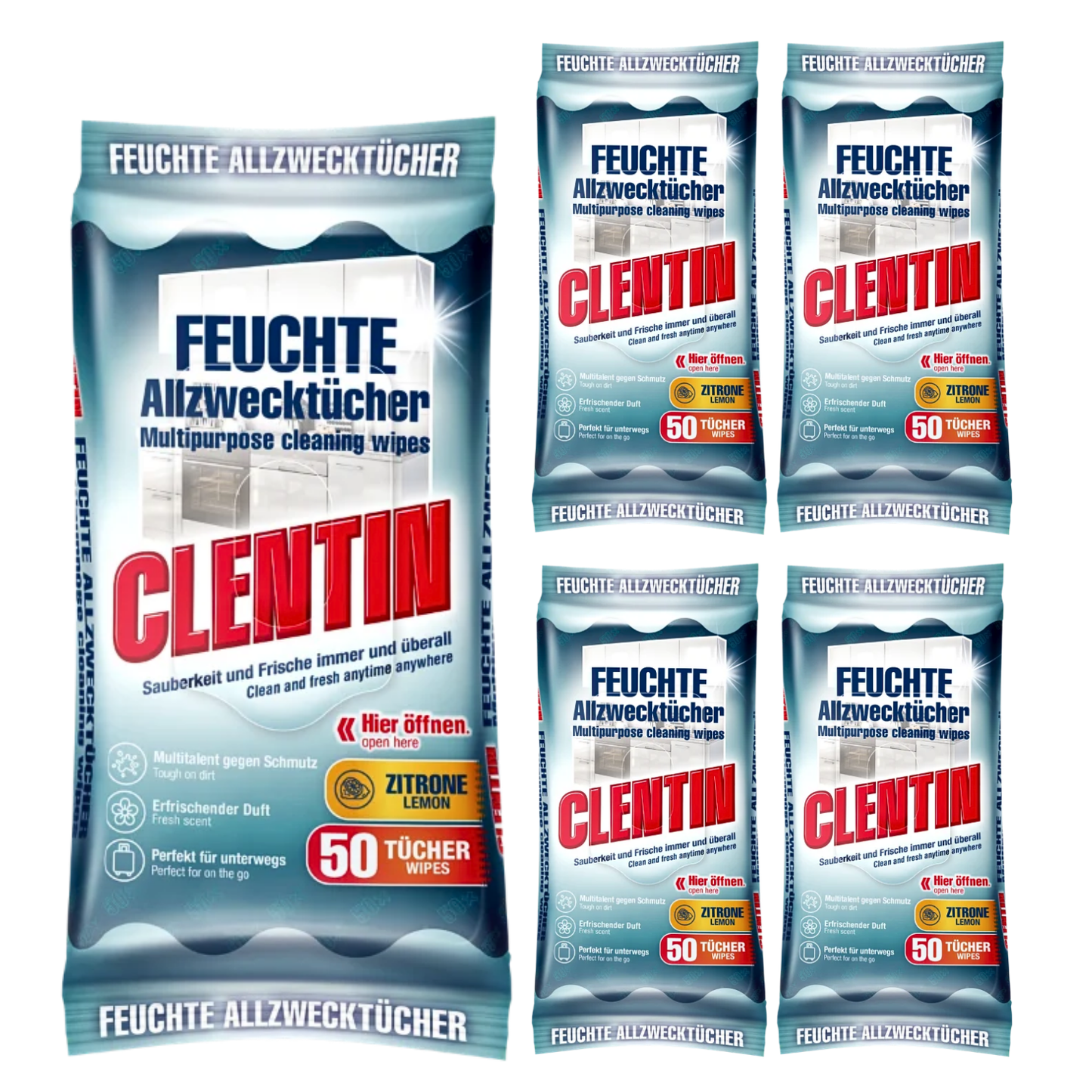 CLENTIN Feuchte Allzwecktücher 5 x 50 St Zitrone, Streifenfrei, Fettlösend